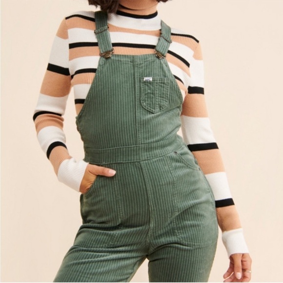 Free People Pants - FREE PEOPLE x LEE Vintage Corduroy Flare Overalls in Greyed Olive